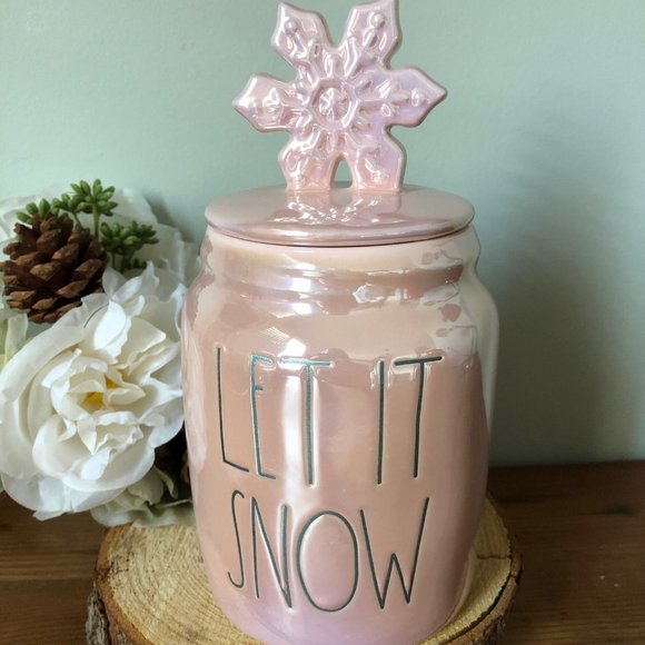 Rae Dunn Christmas Iridescent Pink Let It Snow Canister with Snowflake Handle - Picture 1 of 1